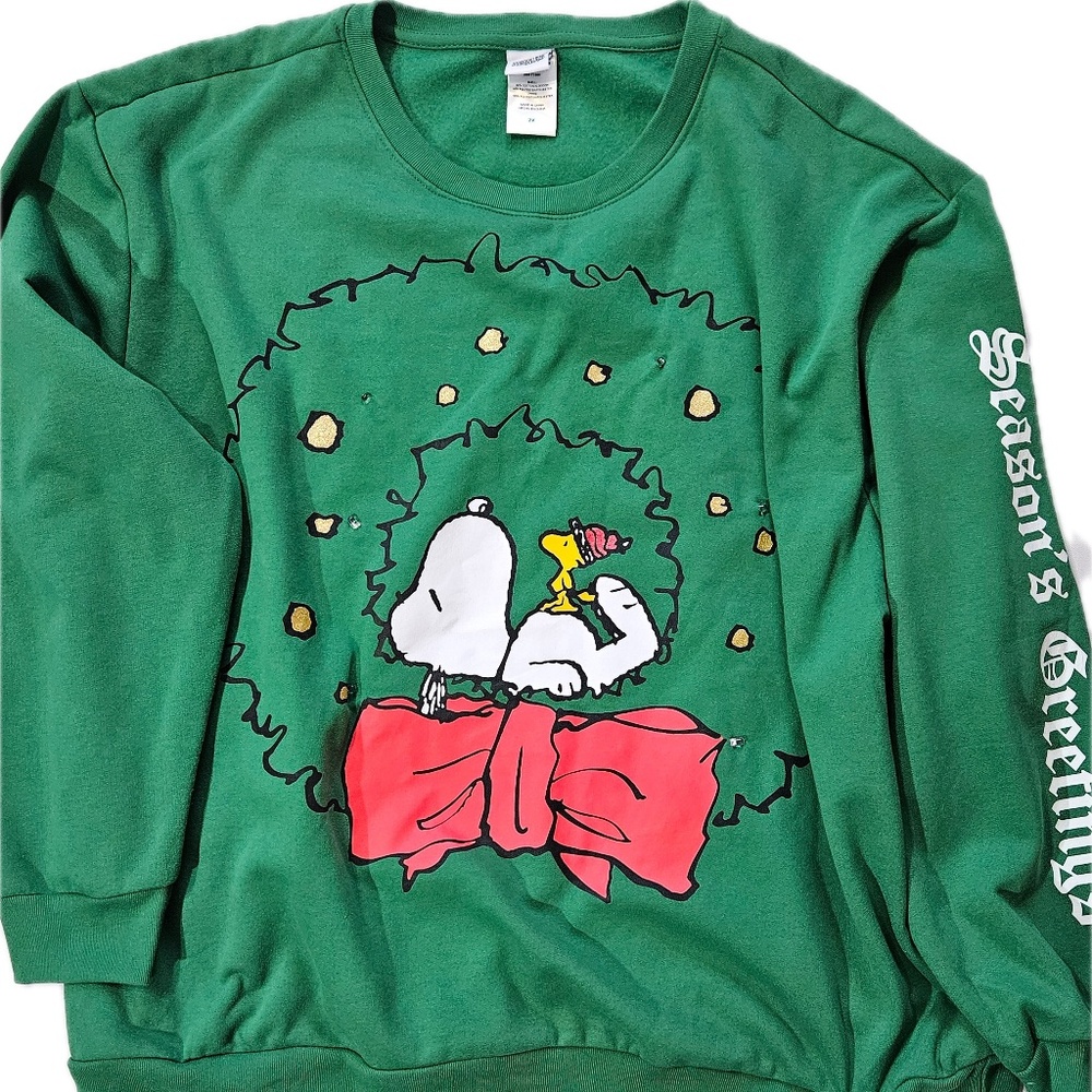 Peanuts Sweatshirt Mens 2XL Green Snoopy Woodstock Christmas Wreath Light‎ Up